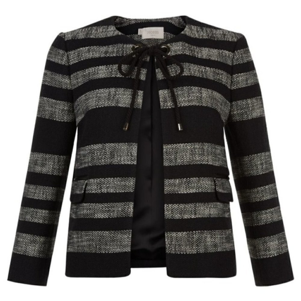 Hobbs Tulisa Cropped Jacket Black Grey Graduated Stripe Rope Grommet Tie US 8